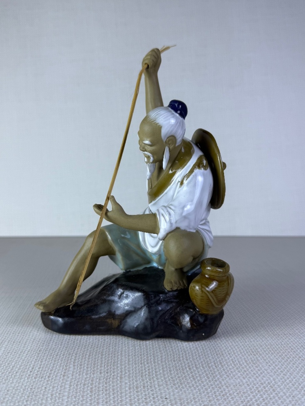 Shiwan Mudman Fisherman Figurine Made in Shiwan China Ceramic Asian Sculpture